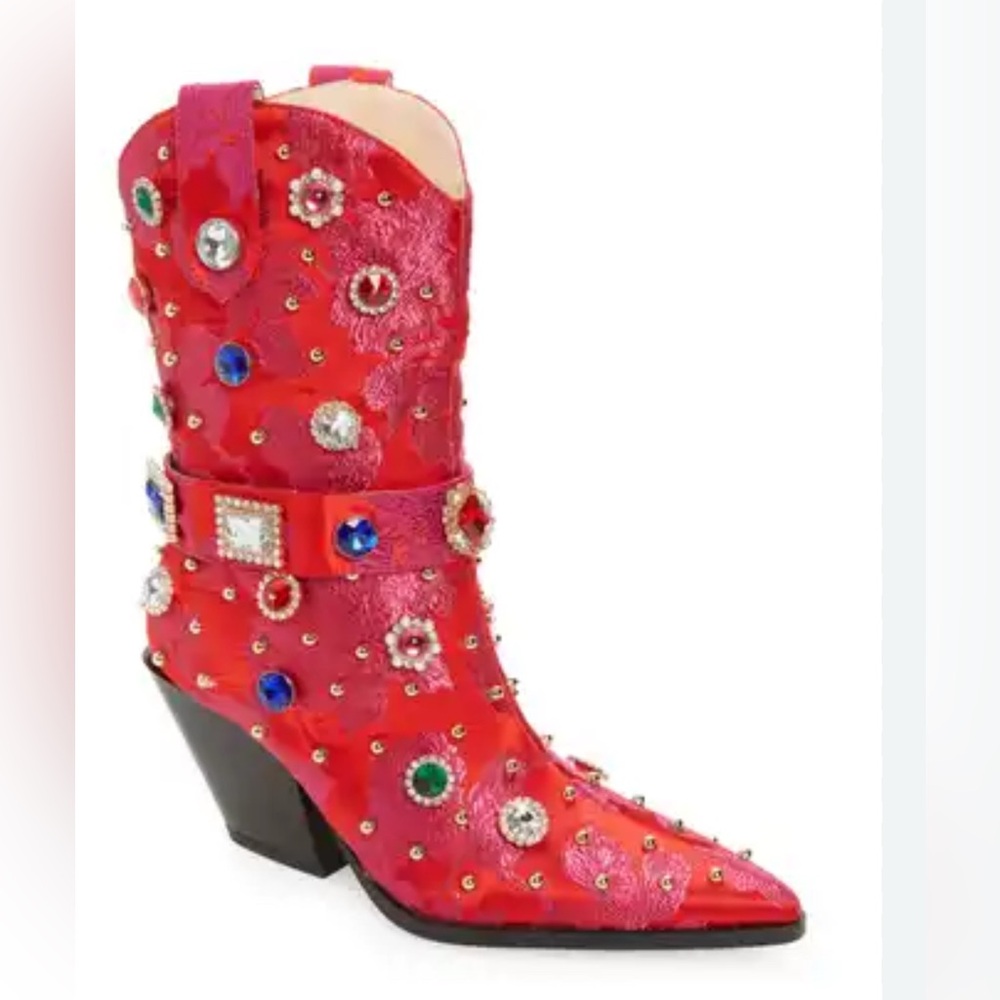 πΌπππNWOT AZALEA WANG DILIGENT RED BROCADE AND GEMS WESTERN BOOTIE. No box - Picture 5 of 15
